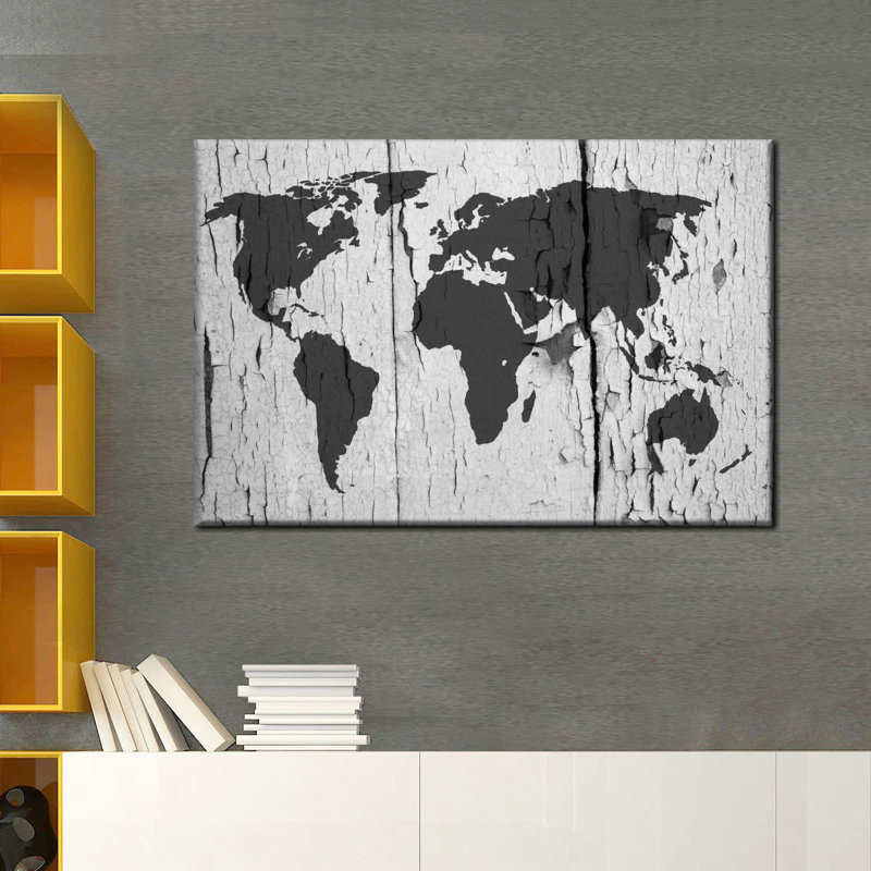 Peinture ébréchée, carte du monde sur toile, H 16 po x l 24 po x P 1,25 po