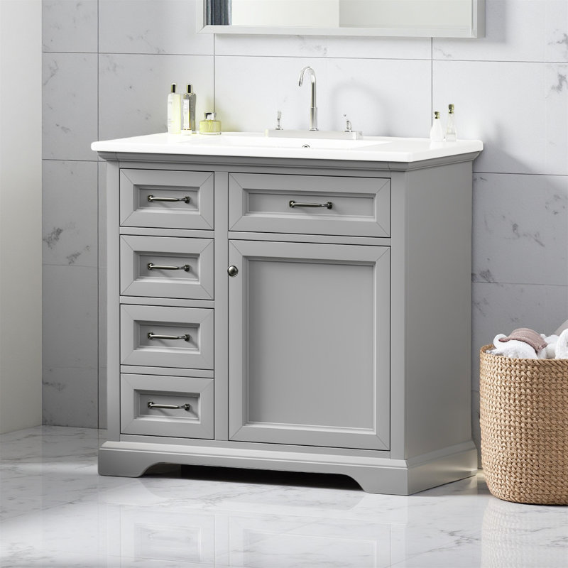 Meuble-lavabo moderne avec lavabo en céramique, 2 tiroirs et charnières de porte à fermeture en douceur, Gris, Noir