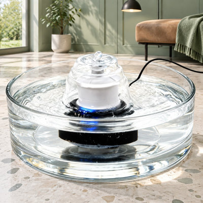 90oz/2.7L Glass Automatic Pet Fountain for cats and small dogs, featuring a quiet pump and an easy-clean design.