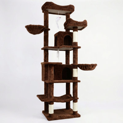 Arbre à chat de 68 po de hauteur à plusieurs niveaux avec hamacs, panier suspendu, grotte pour chat, coussin amovible, poteaux à griffer - tour de chat en peluche pour chats d'intérieur, parfait pour plusieurs chats bruns