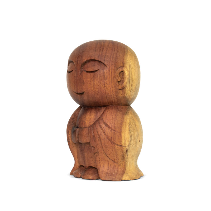 Figurine moine bouddha en bois - Sculpture zen souriante sculptée à la main, décor de méditation paisible