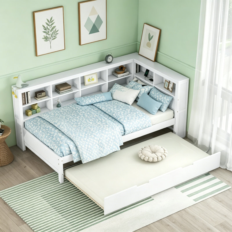 Wooden Daybed With Twin Size Trundle Bed And Shelves,USB Port, Twin, White