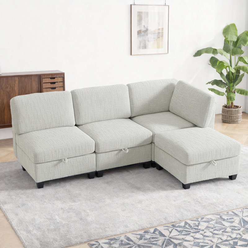 92" Modular Sectional Sofa with Storage & Removable Covers, L-Shaped Convertible 4-Seater Couch with Movable Ottoman, Modern Sleeper-Ready Sectional