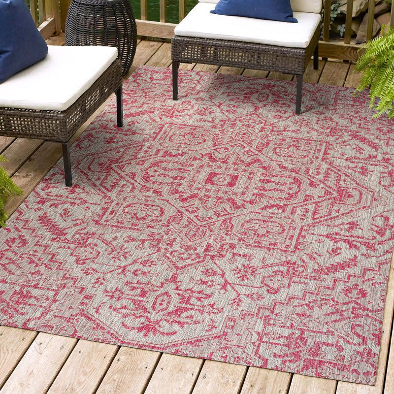 Truman Bohemian Medallion Textured Weave Light Gray/Fuchsia Indoor/Outdoor Rug, Rectangle 3'1" x 5'