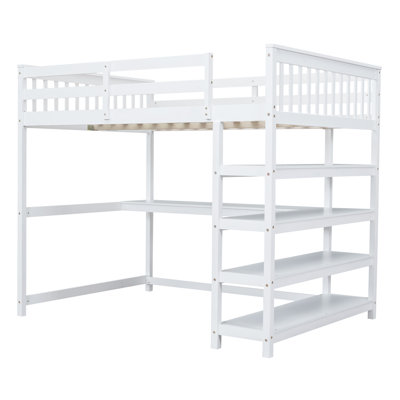 Lit mezzanine avec tablettes de rangement et bureau sous le lit