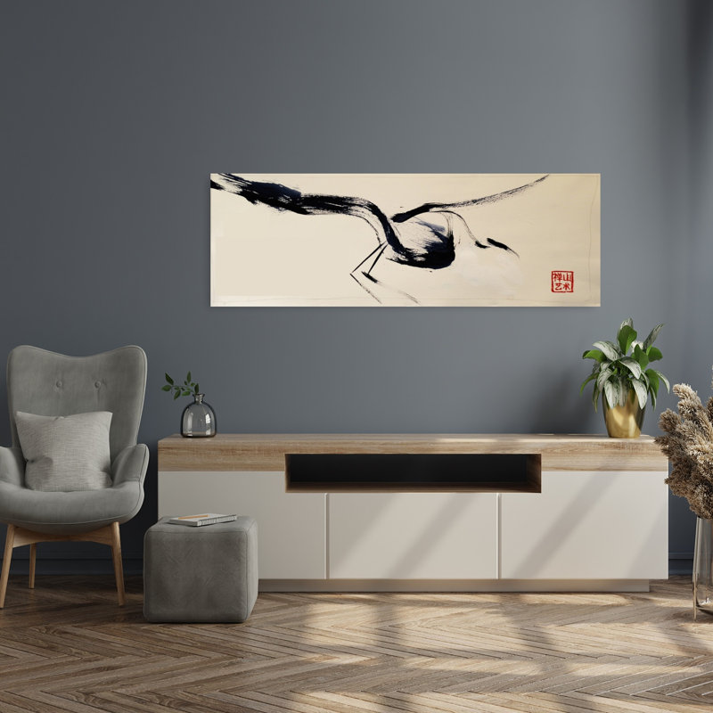 Grue gracieuse à encre abstraite, minimaliste, oiseau, nature, faune, art mural, H 48 po x l 16 po
