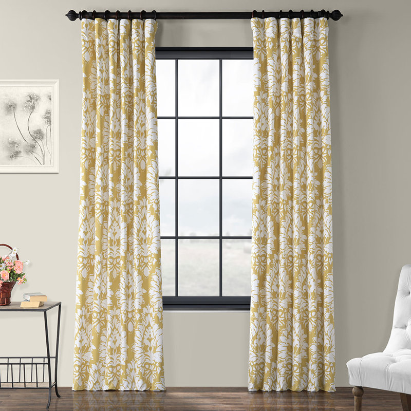 Abisia Regal Damask Printed Cotton Twill Room Darkening Curtain Single Panel, Sun, 50"W x 96"L