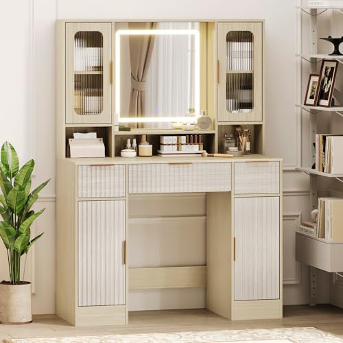 Vanity Desk with Mirror and Light, Makeup Dressing Table with 2 Glass Cabinets, 2 Large Cabinets & 3 Wavy Drawers, Grey