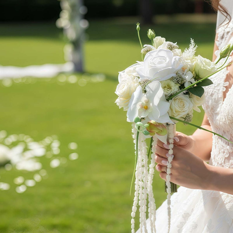 Bouquet de mariage en cascade bleu poussiéreux, bouquet de mariée cascade en soie avec fleurs d'orchidées, Blanc