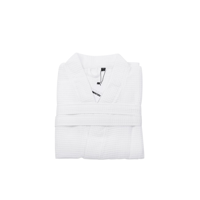 Cotton Waffle Above Knee Bathrobe with Pockets, White, SM