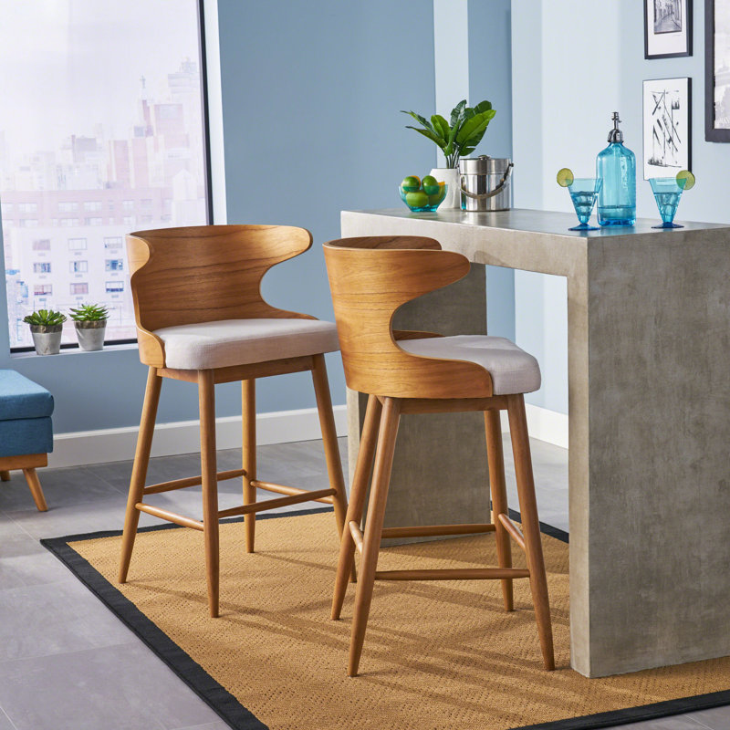 Light Beige Upholstered Wood Mid-Century Modern Barstools, Set of 2
