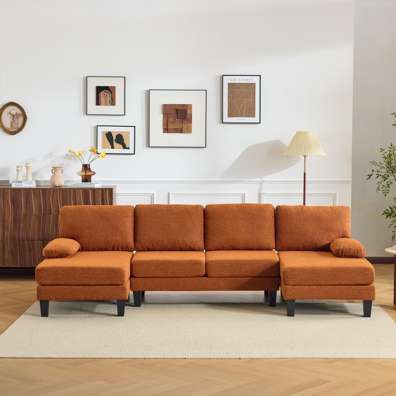110'' W Pillow Top Arm Orange Chenille Sectionals, Orange Chenille