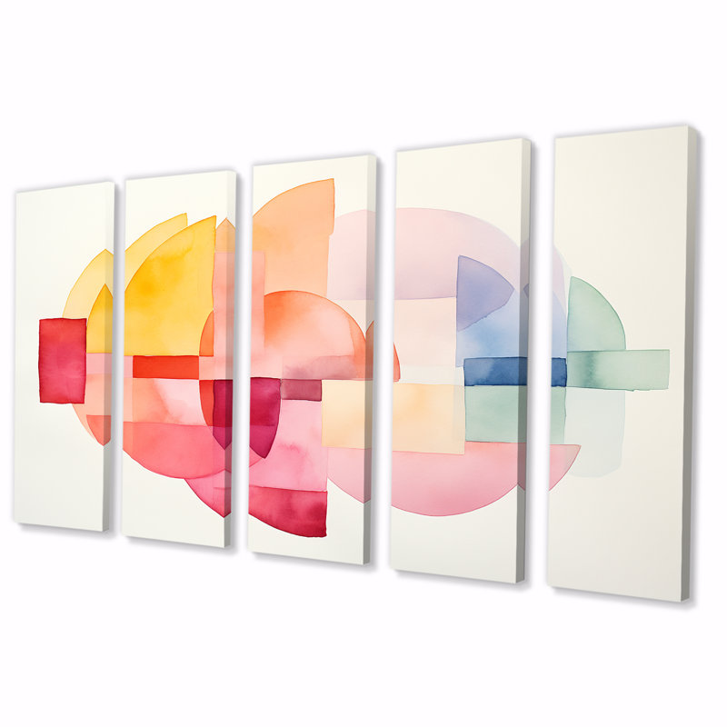 «Pastel Color Geometric Ink Collage III - Abstract Geometric», toile d'art 5 pièces, H 28 po x l 60 po