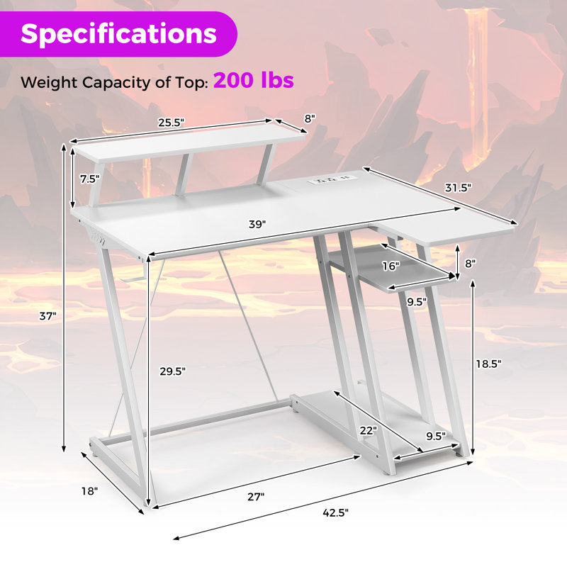 Computer Desk w/ Built-in Charge Station Metal Frame Gaming Desk w/ Monitor Shelf Writing Desk, White