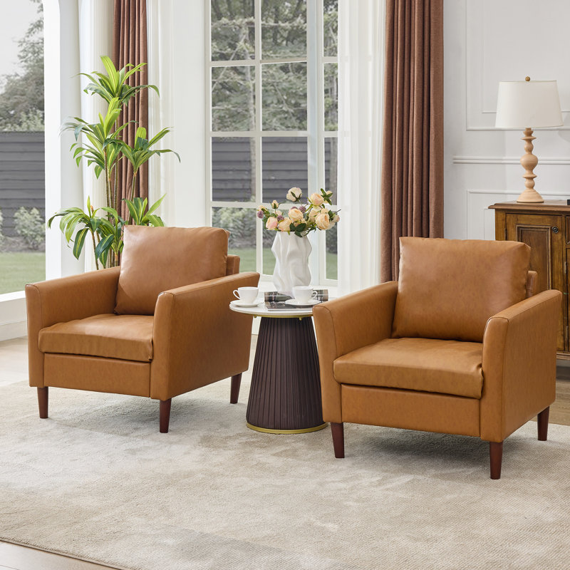Bobur 32" Wide Faux Leather Accent Chair(Set Of 2), Mid Brown Faux Leather