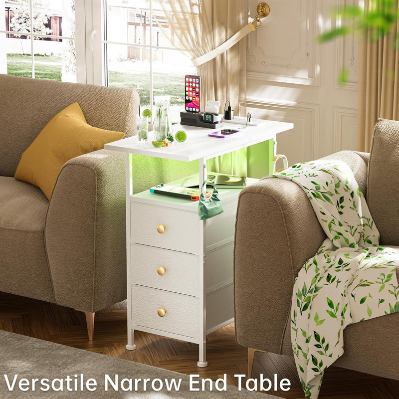 White Slim End Table with LED Light and Charging Station