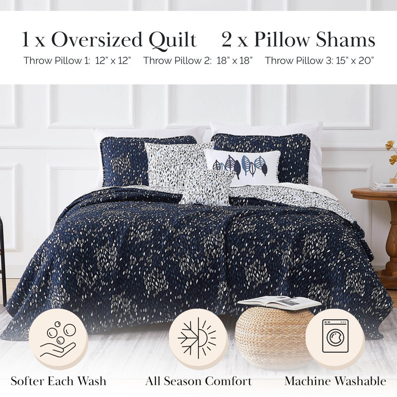 Botanical Leaves Collection Reversible 6 Piece oversized Quilt Set by Southshore Fine Linens, Blue