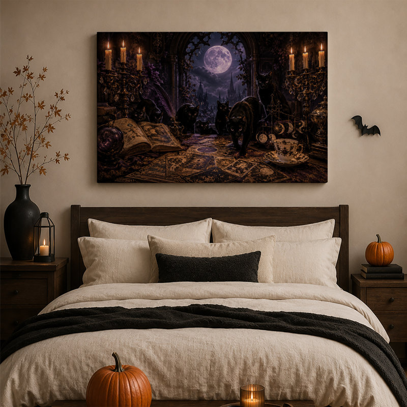 Chats noirs dans une pièce gothique sombre avec pleine lune et toile murale d'Halloween, H 12 po x l 18 po