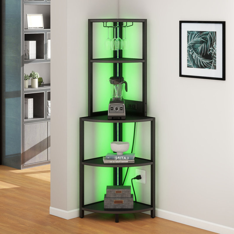 Brodric Modern Open Display Corner Bar with Colorful LED Light & Music Control, Black