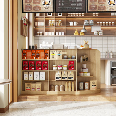 39.4" H L-Shape Counter With Front Display Shelves — Light Oak, 3 Drawers, For Café & Retail