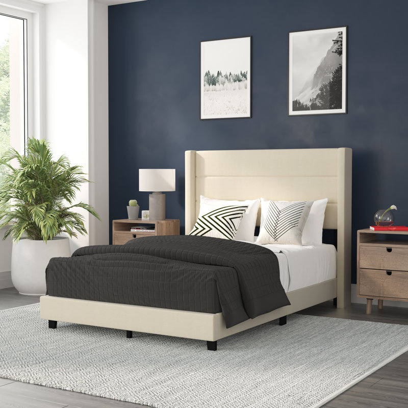 Upholstered Platform Bed with Wingback Headboard, Mattress Foundation with Slatted Supports, null, null