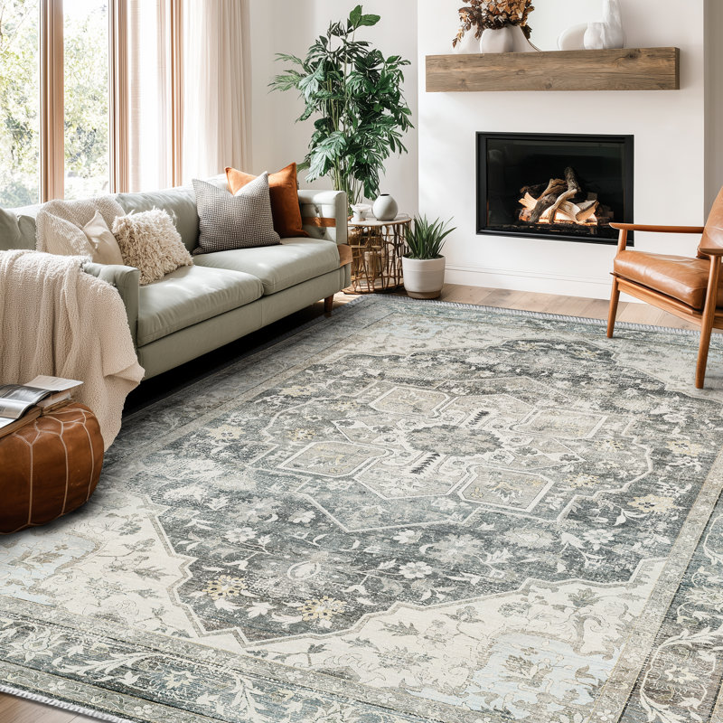 Oriental Persian Border Washed Performance Machine Washable Non Slip Area Rug, Rectangle 8' x 10'