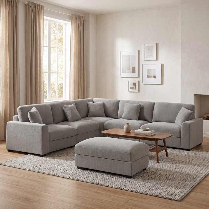 Canapé modulaire d'angle rembourré 6 places Angeliah, Mélange de polyester gris clair