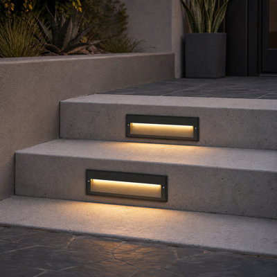 2-Pack Wired 10.6-Inch Low-Voltage Outdoor Step Lights | 12V AC, 6W LED, Black Metal, 122 Lumens, 3000K Warm White Landscape Stair/Deck Lighting with Cable Connectors