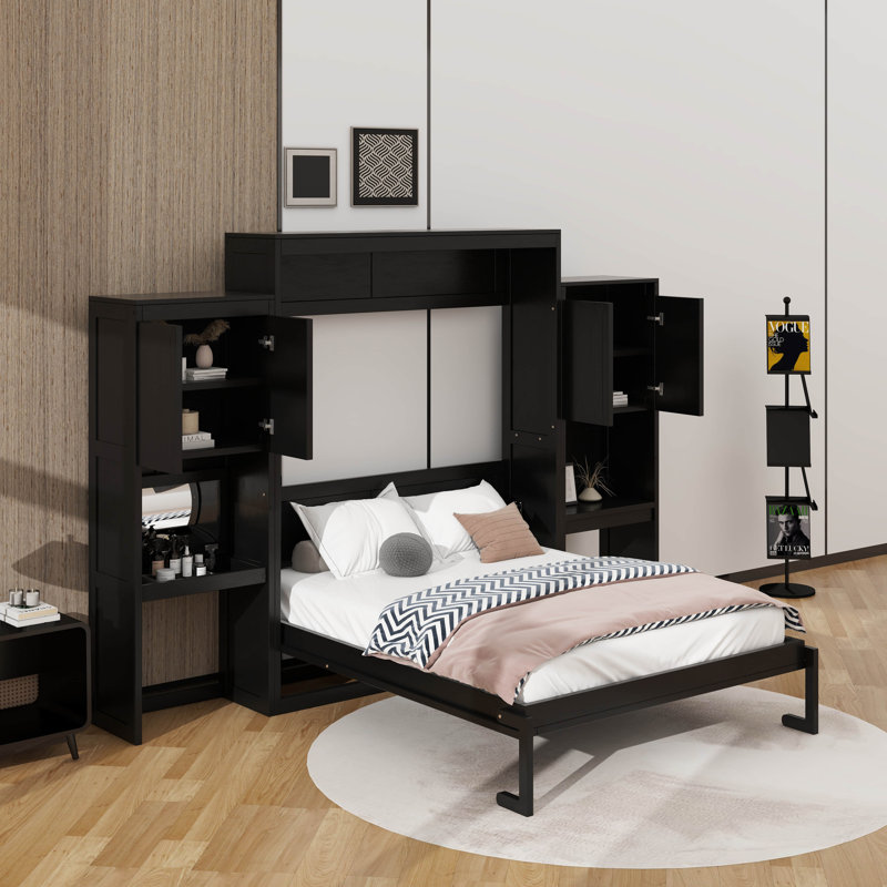 Grand lit escamotable avec bureau, coiffeuse et armoires, Espresso