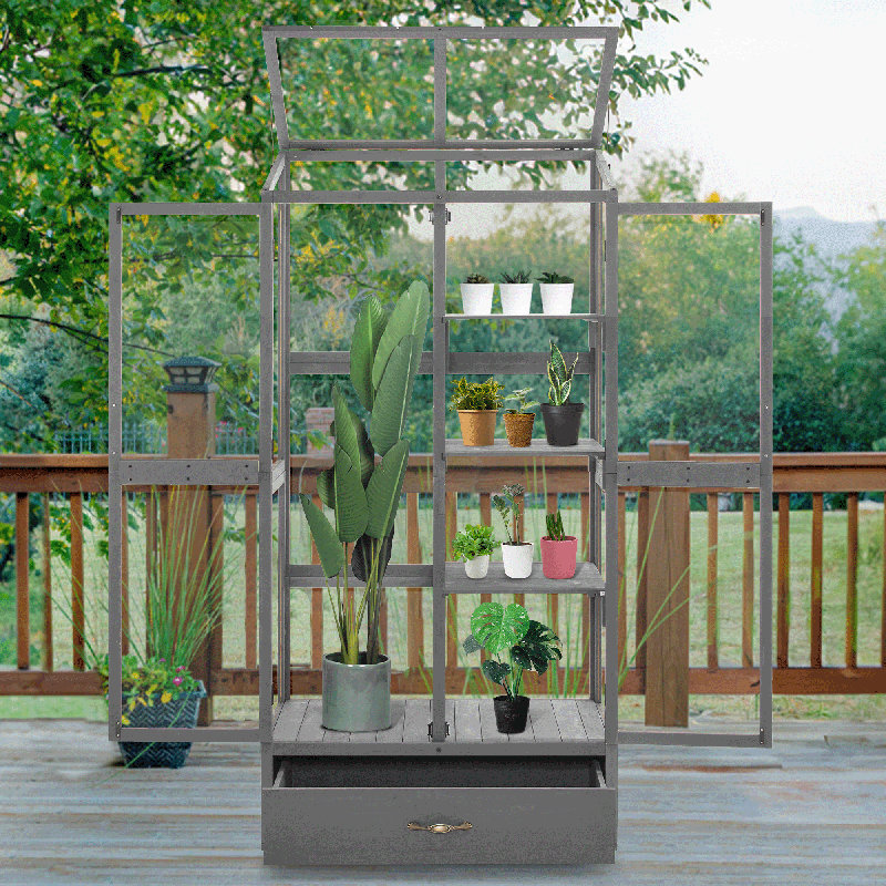 Cold Frame Greenhouse,3 Tier Garden Cold Frame with Drawer and Shelves, Dark Gray