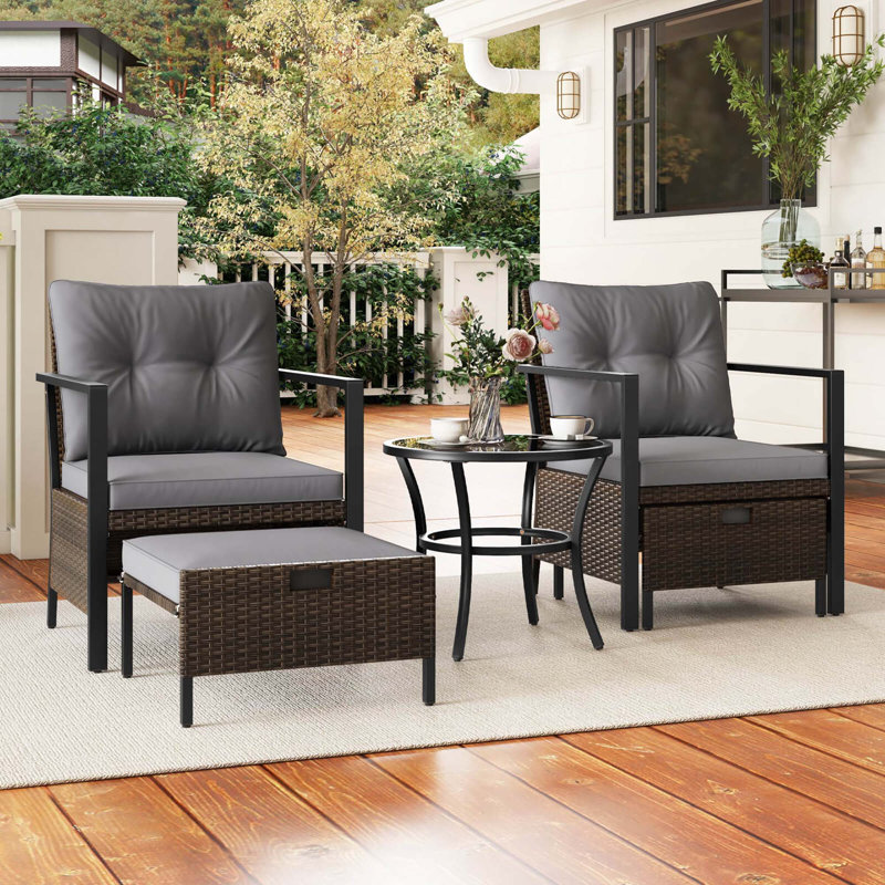 5 Pcs Outdoor Furniture Set Rattan Chairs & Ottomans With Glass Topped Coffee Table, Gray