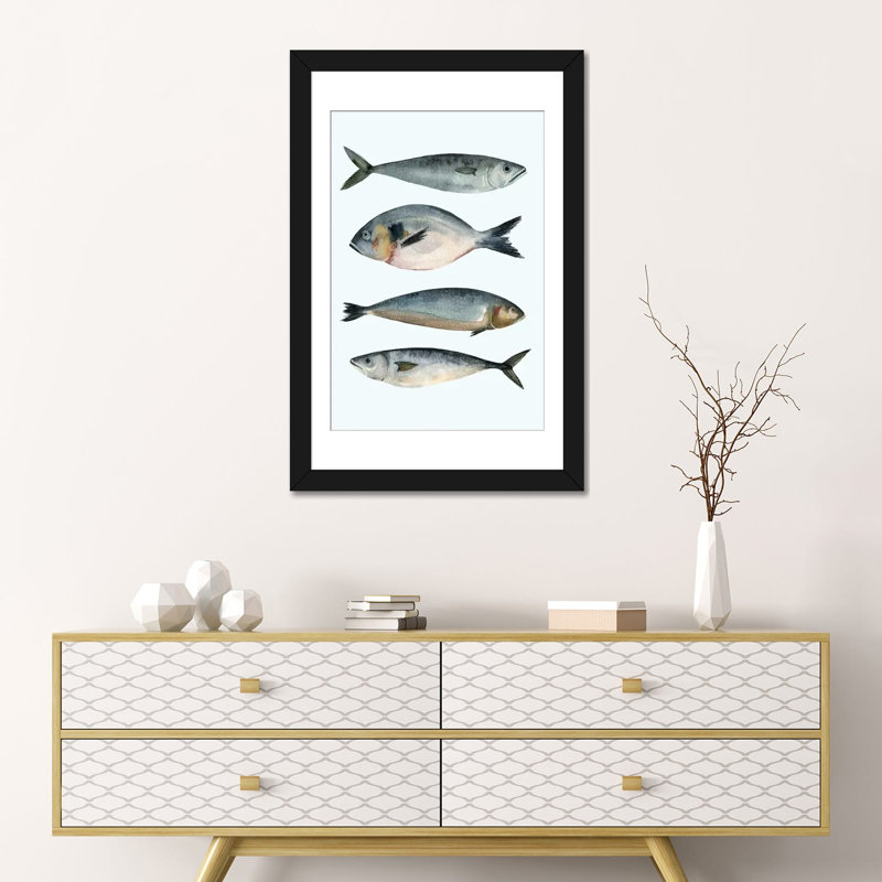 " Four Fish II " by Emma Scarvey, Black Framed Fine Art Paper, 32" H x 24" W x 1" D, White