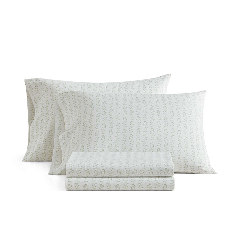 Martha Stewart Ditsy Vine Cotton Percale Green Sheet Set, King Sheet Set with 2 Pillowcases, Green Floral