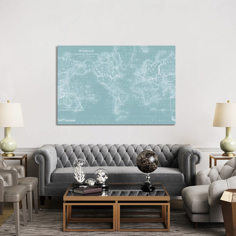 World Map On Aqua - Wrapped Canvas Print, 152.5 cm H x 101.5 cm W