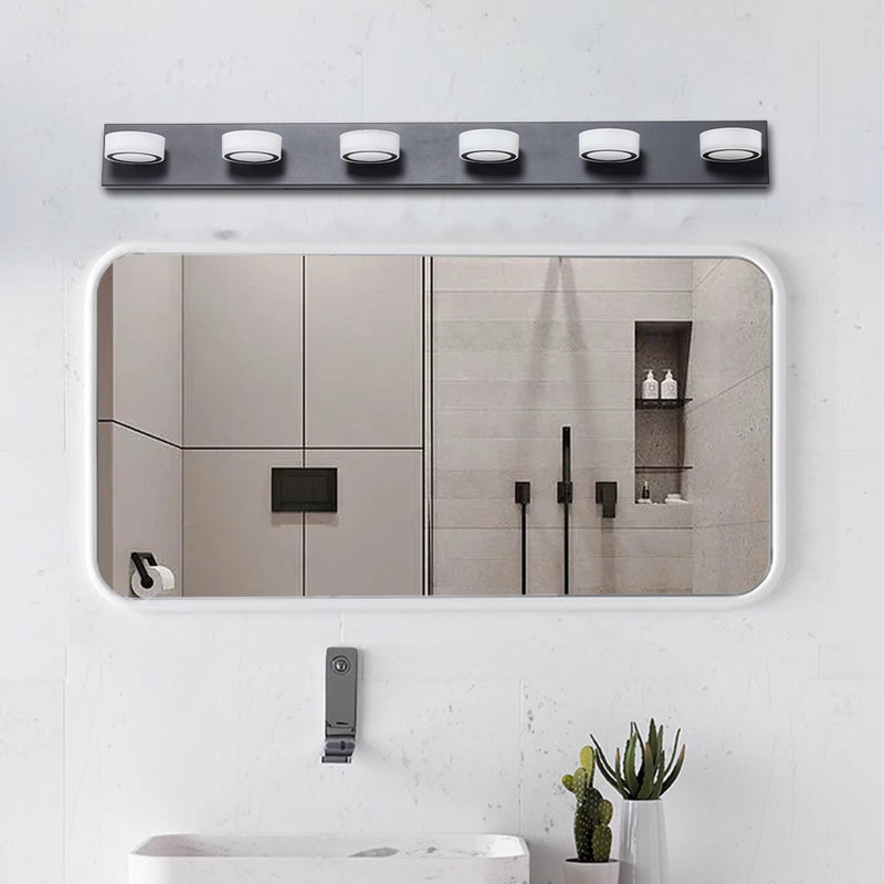 Unique Design Bathroom Vanity Mirror Lighting, 6 Lights, Black, 4" H x 44" W x 5" D