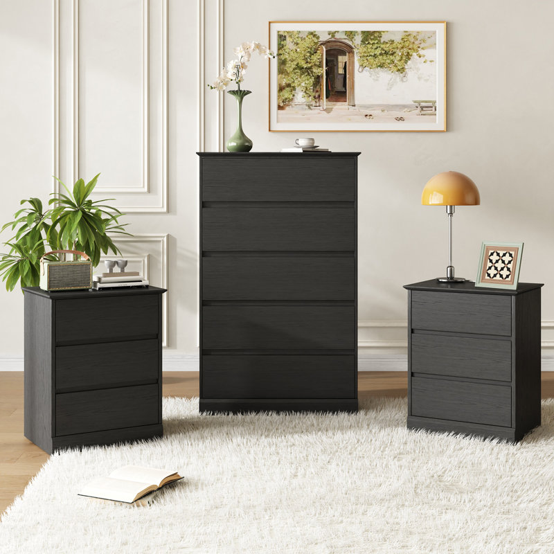 Ensemble de chambre à coucher 3 pièces, 5 tiroirs H 48,4 po Dornisha, ensemble de 2 tables de chevet avec station de charge