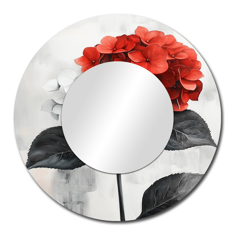Monochrome Hydrangeas With Red Petal Accent I - Traditional Decorative Mirror Wall Art, 29" x 29"