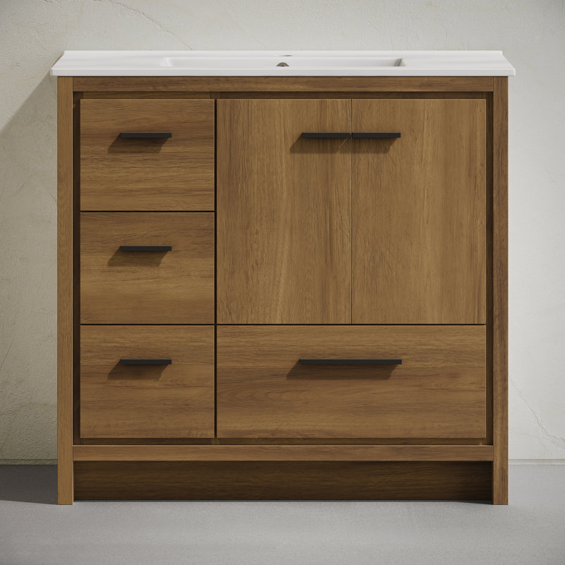 Meuble-lavabo autoportant de 36 po en chêne brun avec comptoir d'évier Virage, Trou simple