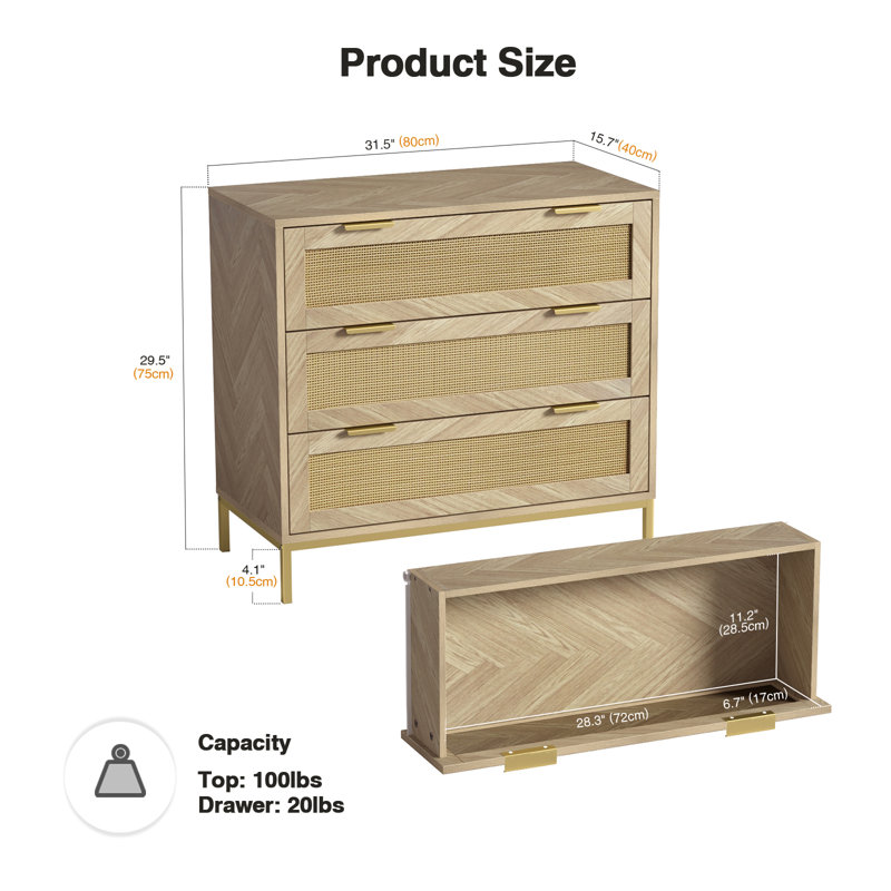 3 Drawer Rattan Accent Chest with Metal Handles