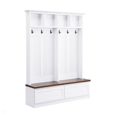 Farmhouse 4-In-1 Hall Tree With Wood Grain Bench, Mudroom Versatile Coat Rack With 2 Large Drawers, White, 55.9/