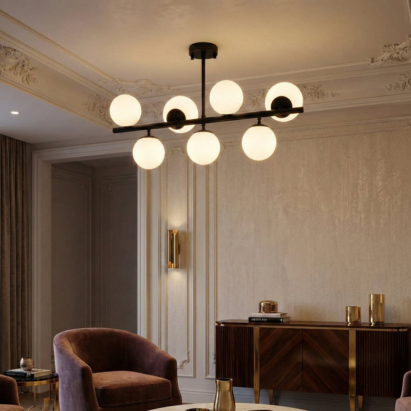 7 Lights Chandelier With Glass Cap, Frosted, Black
