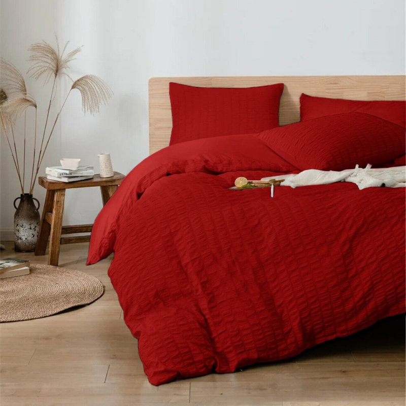 Seersucker Duvet Cover Set with Pillowcases, Red, Double