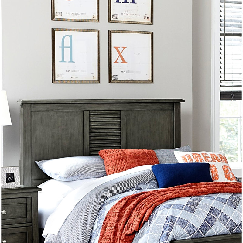 Full Size Transitional Bed With Decorative Gray Louvered Panel In Headboard And Design