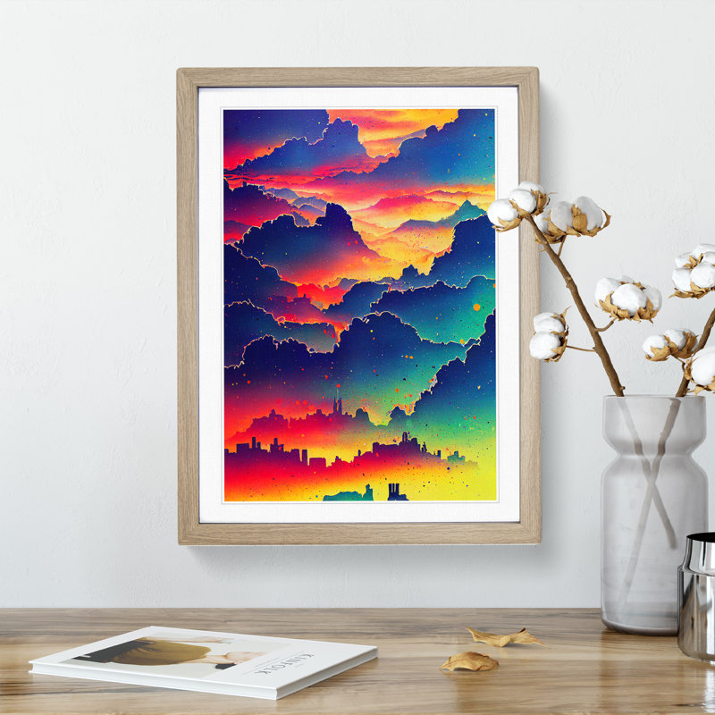 Vibrant City Skyline - Wall Art, 66cm H x 48cm W, Oak Framed Paper, White