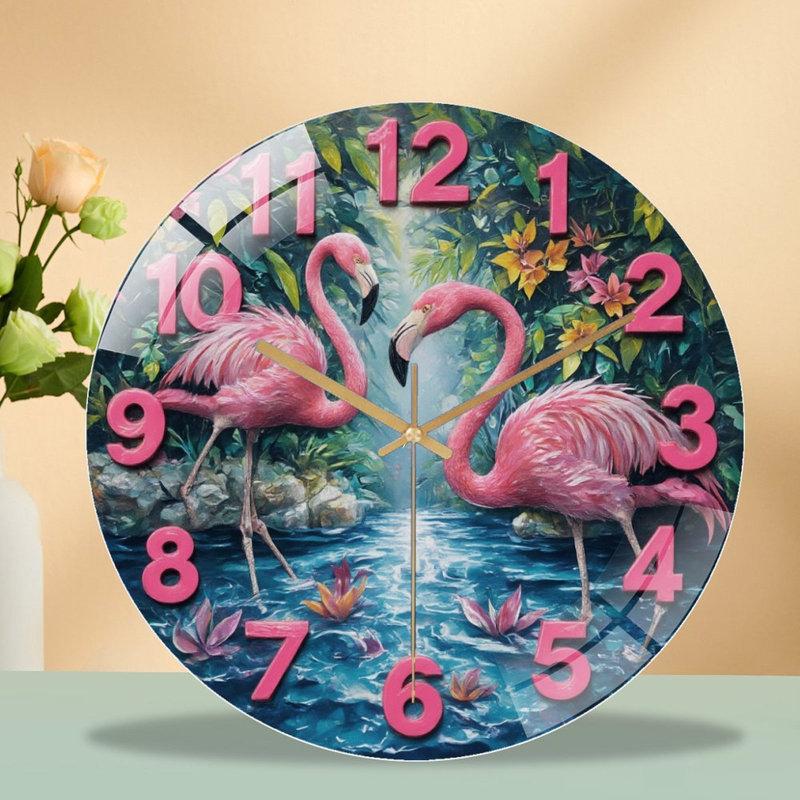 Horloge murale flamants roses - art numérique 12 po