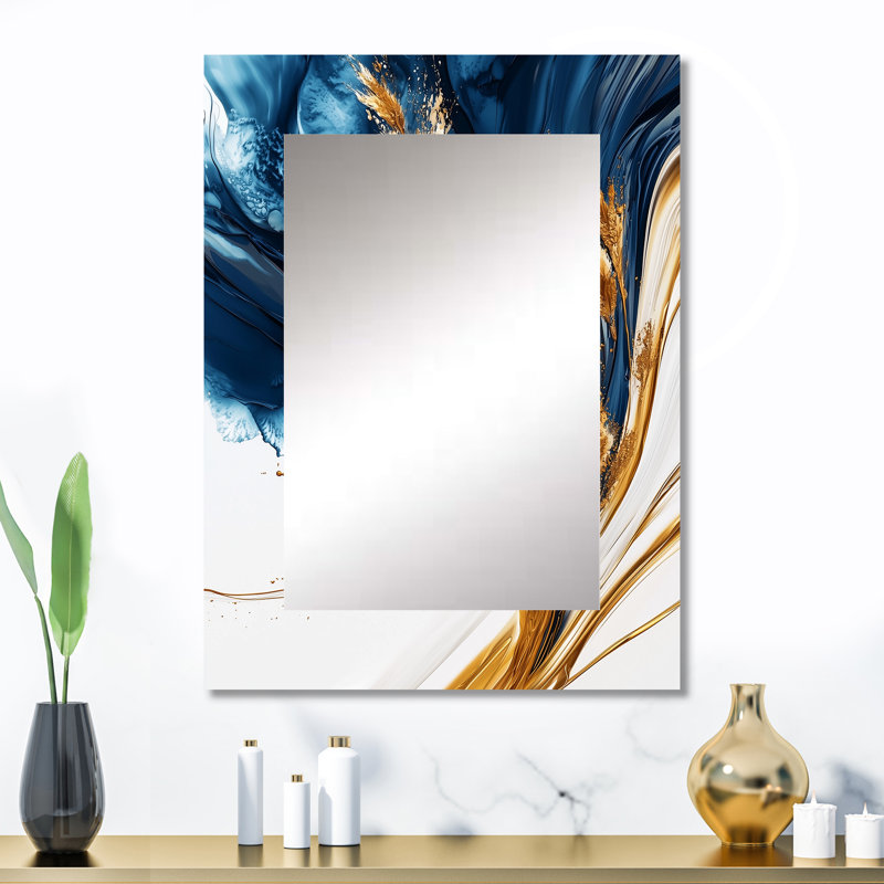Golden Petunias Flowers On Aqua River Of Marble IV - Petunias Decorative Mirror, Traditional Wall Mirror, Printed Metal Art