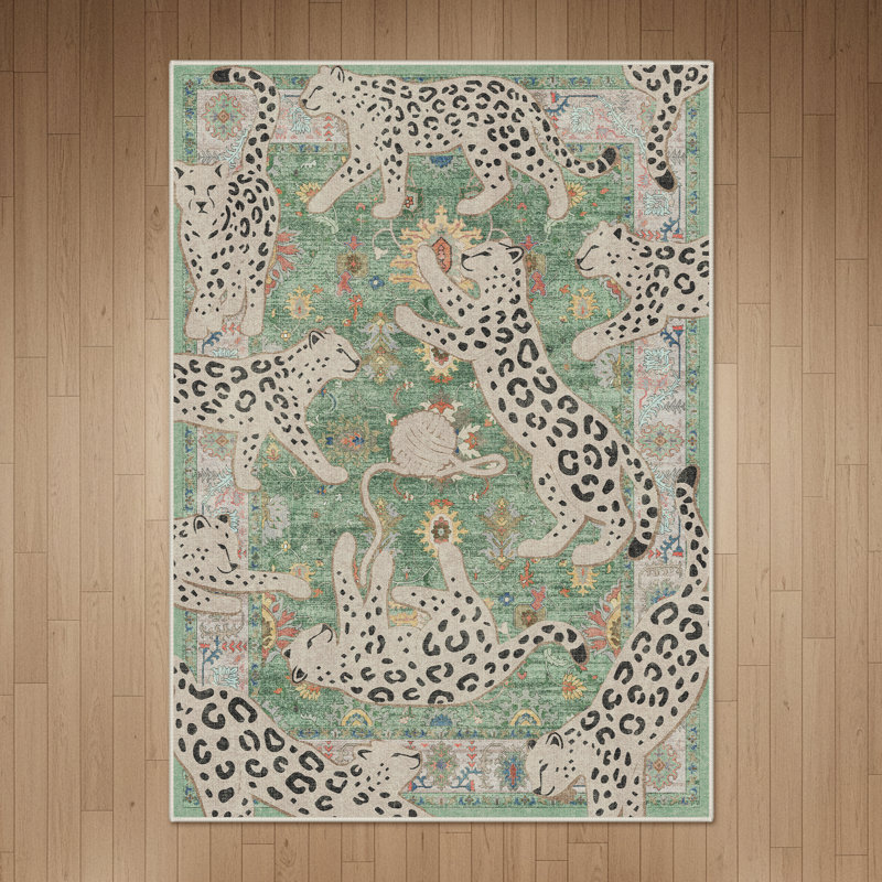 Tapis bleu / ivoire à imprimé animal lavable à la machine avec envers antidérapant, Bleu ivoire, Rectangle 5 pi x 7 pi