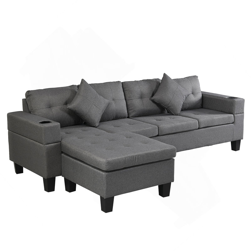 Ensemble de canapé modulaire pour salon avec méridienne en forme de L, porte-gobelet et méridienne droite ou gauche 4 sièges modernes (Faux lin gris)
