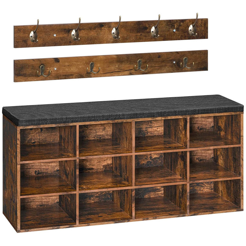 Shoe Storage Bench With Cushion, 39.4" L Entryway With 12 Cubbies And Coat Rack Brown, Brown/Black