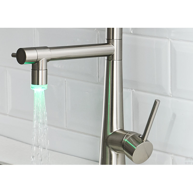 Robinet de cuisine à DEL avec fonction commerciale robuste, pré-rinçage à poignée simple et remplisseur de pot avec ressort en nickel brossé, céramique